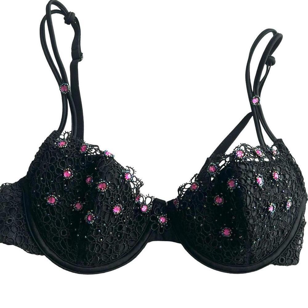Y2K Beaded Crochet Rhinestone Roselle La Vie en Rose Black and Pink Bra
